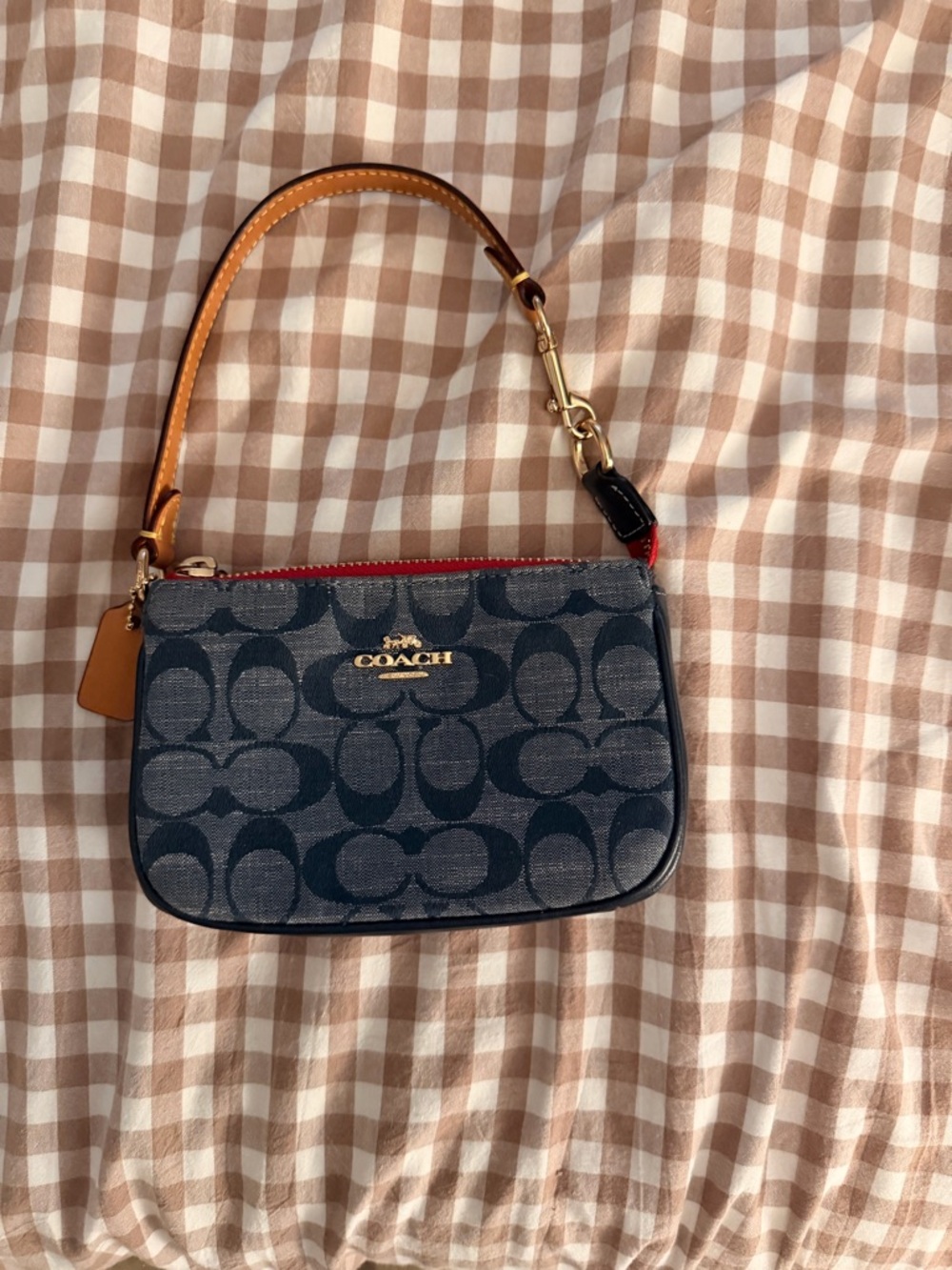 Coach Navy Signature Mini Wristlet with Tan Strap and Red Trim
